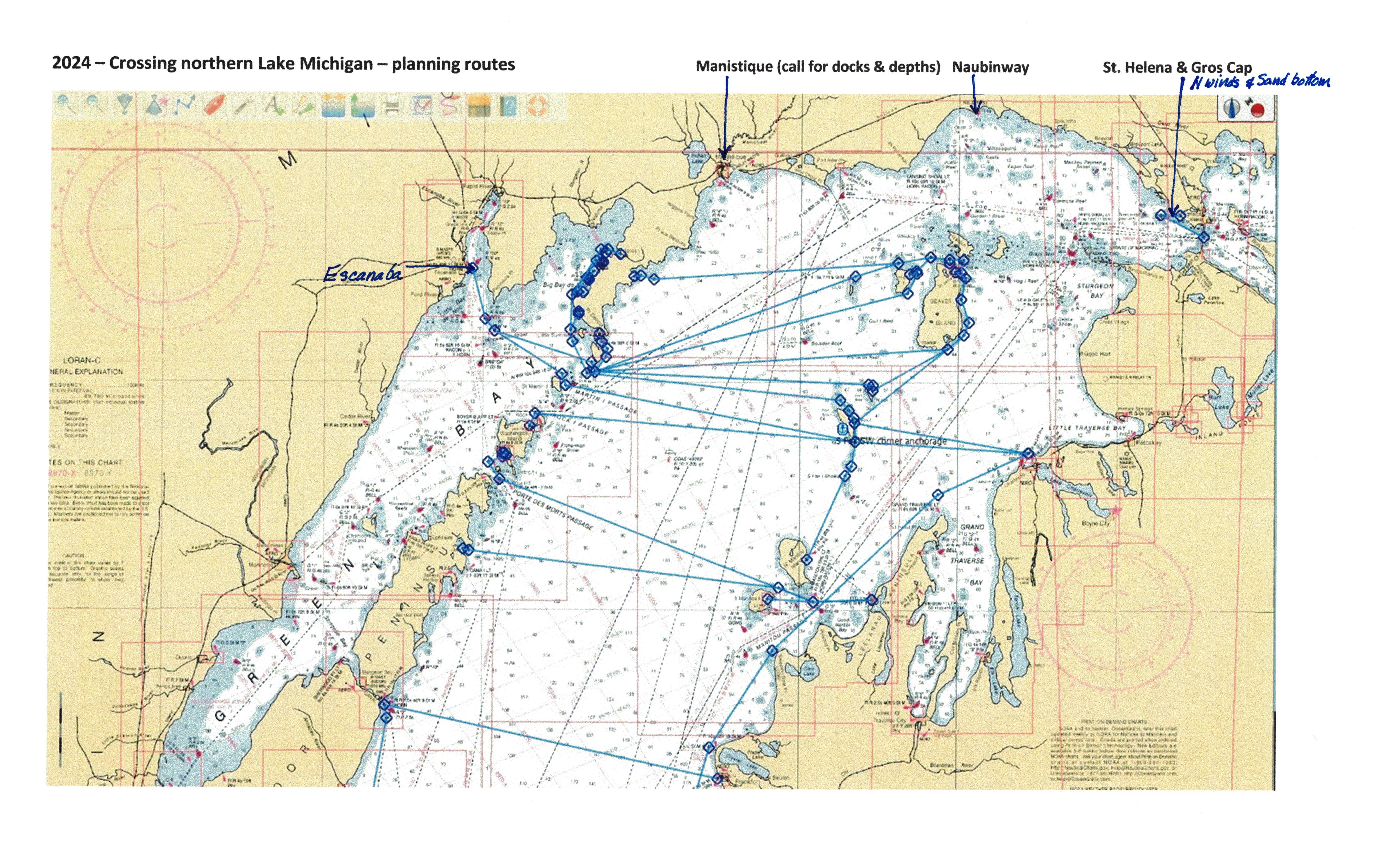 Nothern Lake Michigan Chart with routes